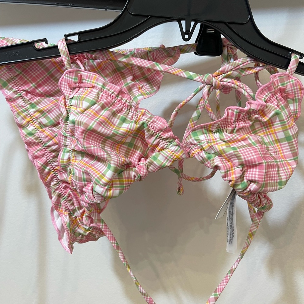 Frankie's Bikinis Pink Plaid Ruffle Bikini Top
